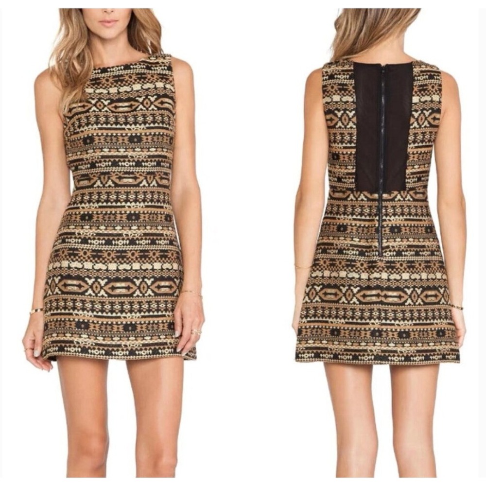 Alice + Olivia Wilcox Shift Dress Gold Black Metallic Tweed Mesh Back Mini 4